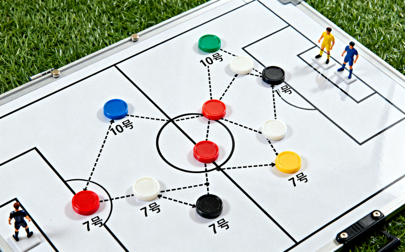 足球战术板上摆放着代表球员位置的棋子与跑动路线